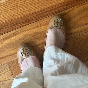 Tan and Gold Tory Burch Ballet Flats